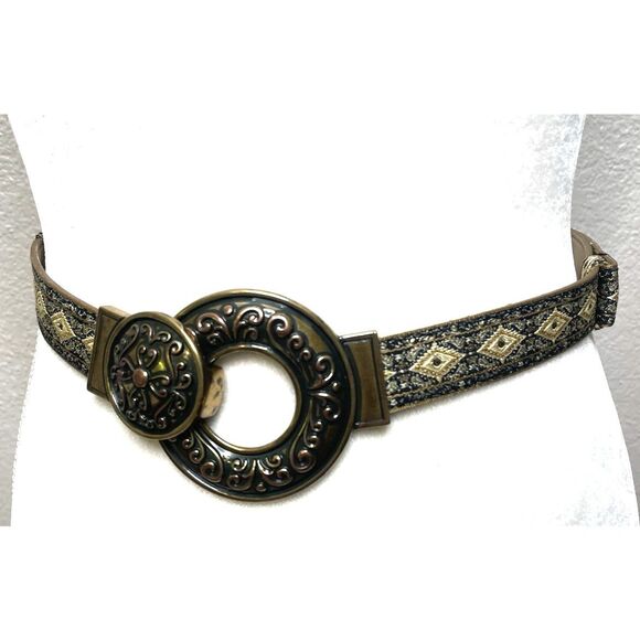 Chicos Slide Adjustable Belt Hook Buckle Brass Gold Jacquard Size M L - Picture 1 of 16